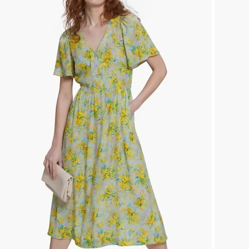 & Other Stories Floral Print Flutter Sleeve Yellow midi Dress size 8